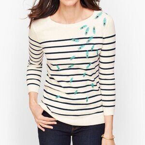 Talbots Striped Embroidered Peacock Feather Sweater Pullover Light Women's Small